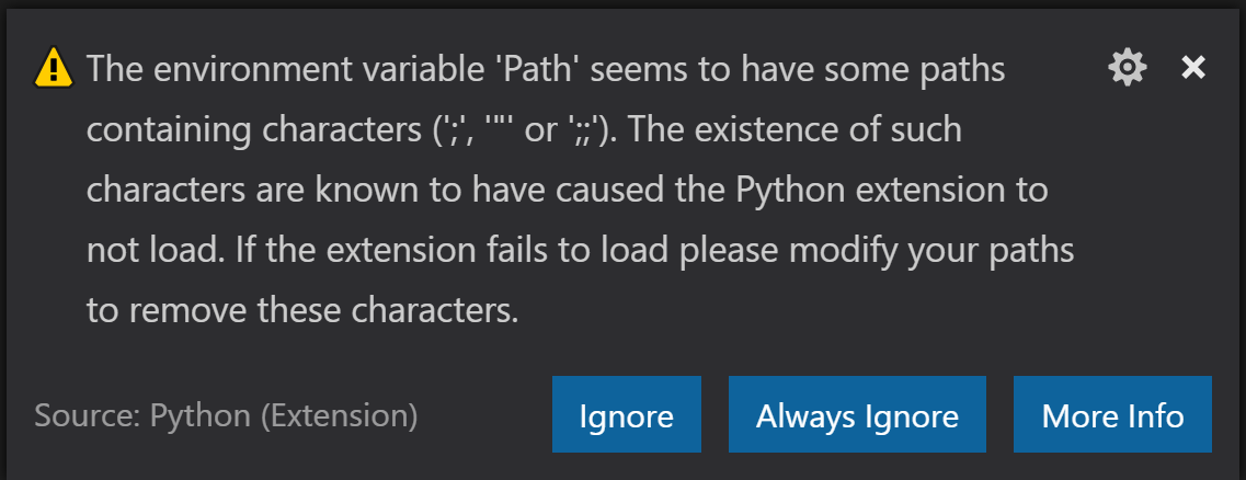 VS Code 启动时 Python 扩展提示 Path 环境变量有错误（来源：GitHub）